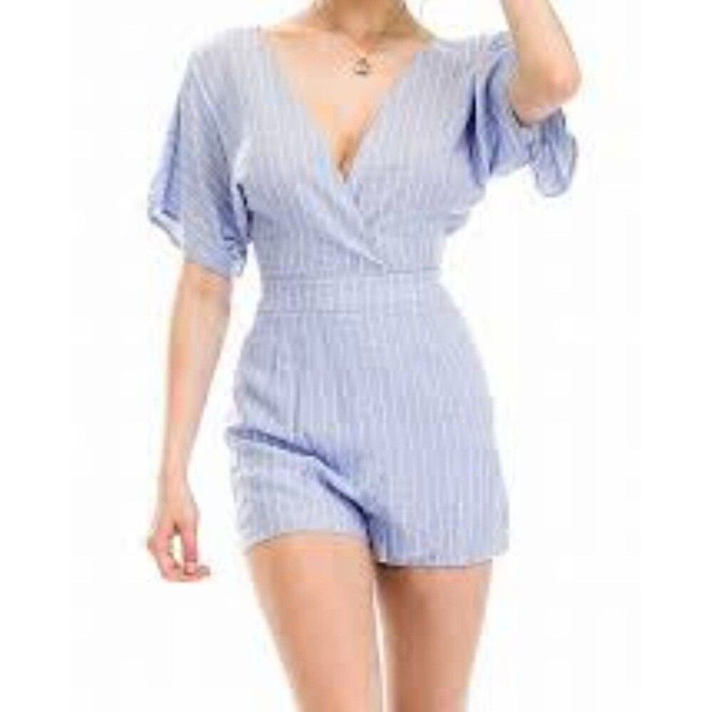 Hyfve Women's Romper Size Small Blue White Striped Kimono Sleeve Plunge Neckline